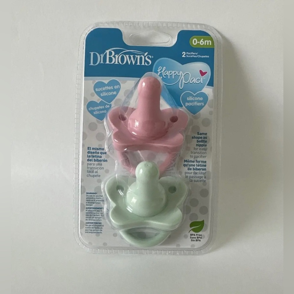 Dr Brown's Happy Paci 0-6m Pack of 2 Silicone Pacifiers  -Pink & Green-